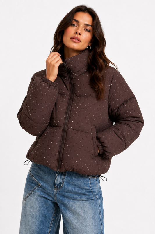 Puffercoat bruin strass glitter