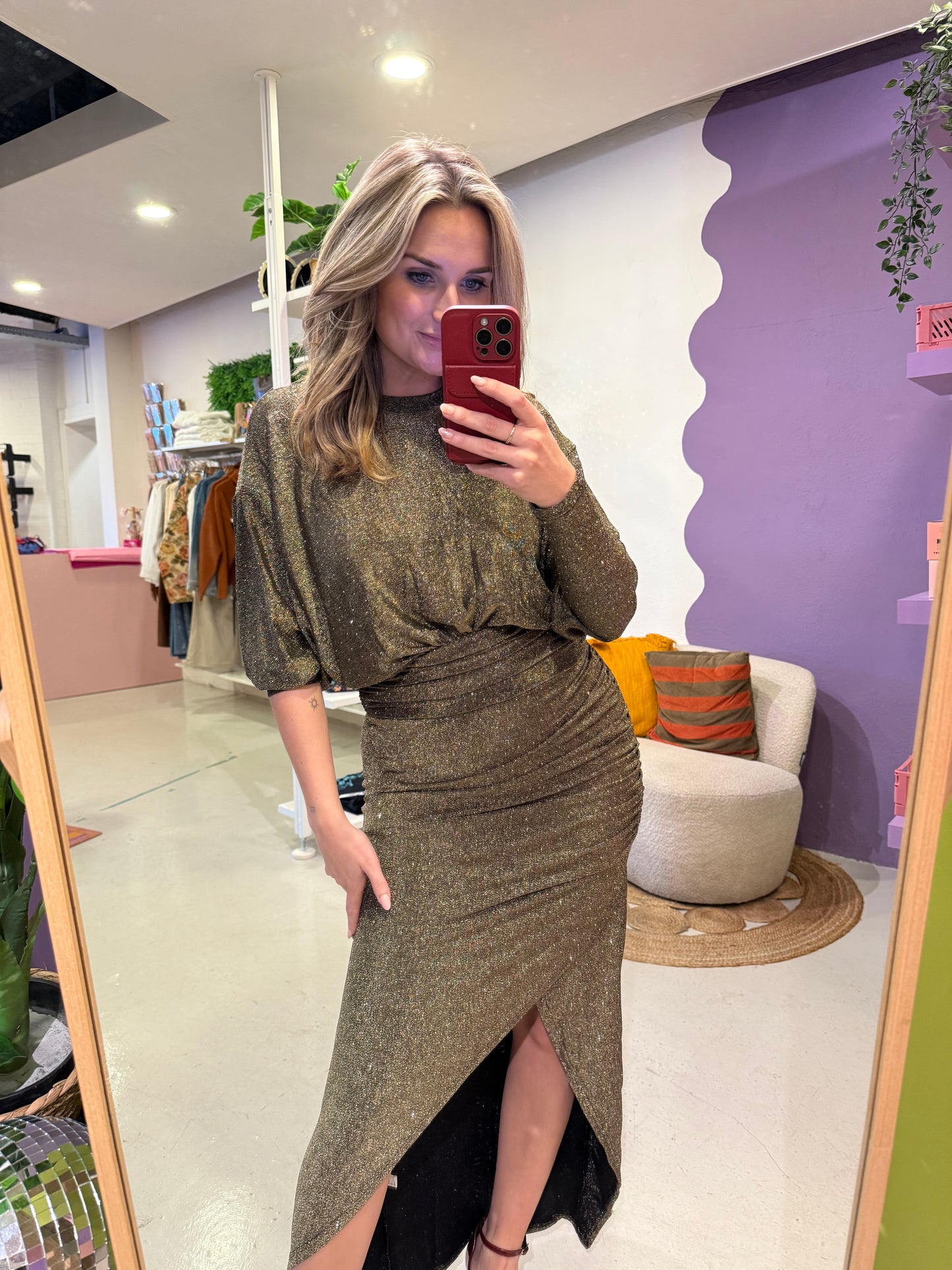 Glitter jurk goud met split