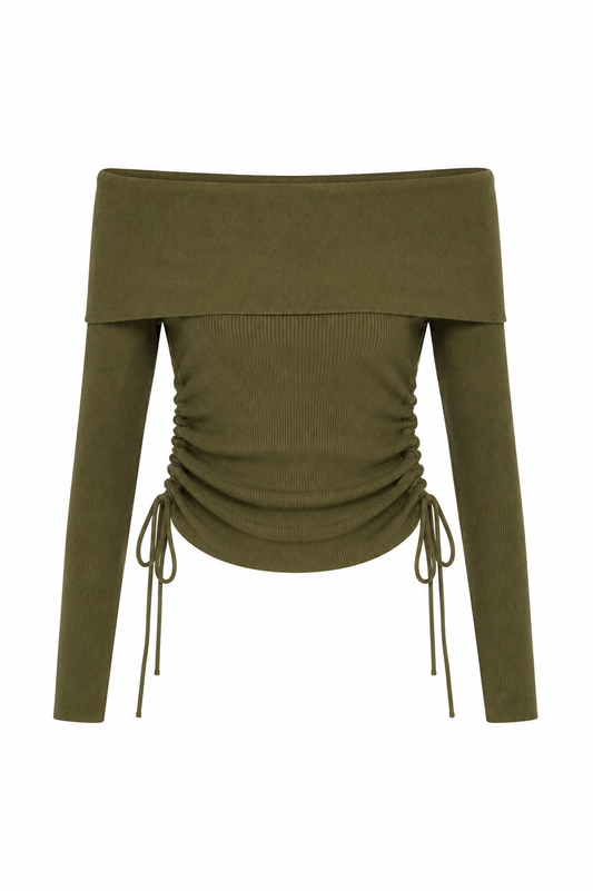 Off shoulder longsleeve khaki groen