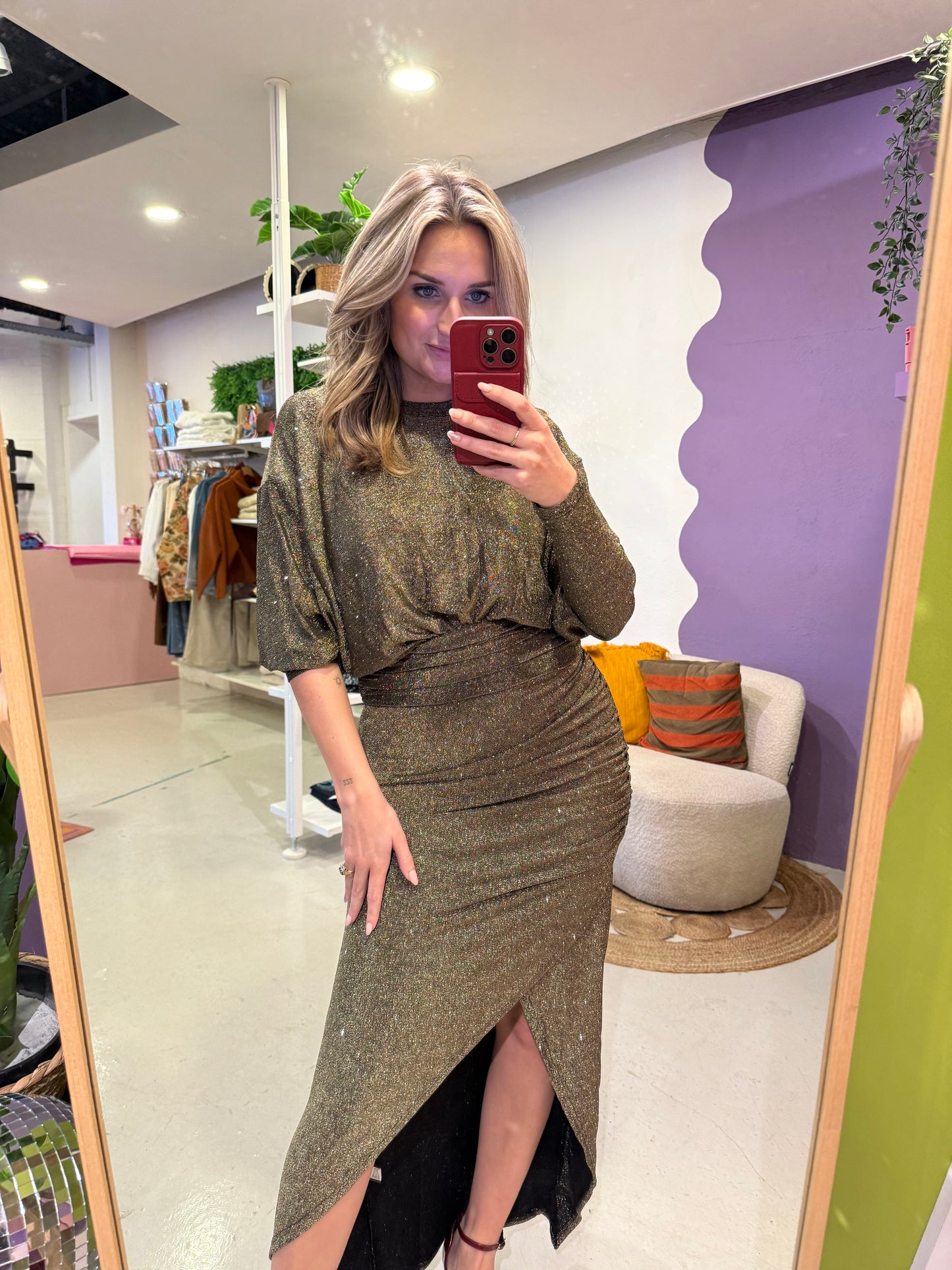 Glitter jurk goud met split