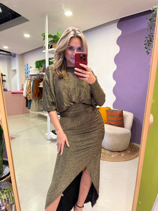 Glitter jurk goud met split