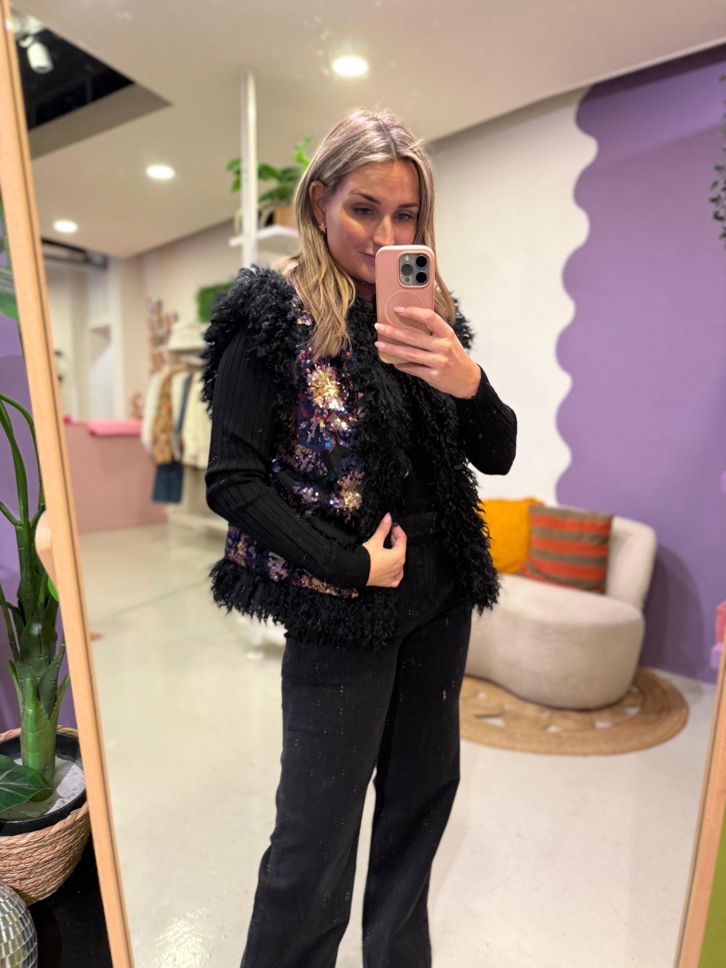 Glitter gilet fluffy zwart/blauw one size