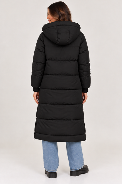 Lange winterjas met capuchon puffer coat zwart