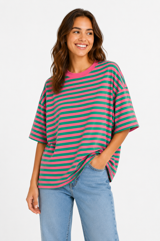 T-shirt streepjes groen/roze