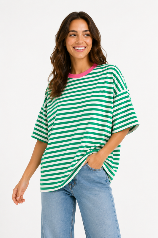 T-shirt streepjes groen en ecru