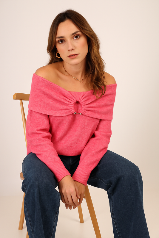 Off-shoulder trui met detail aan voorkant roze