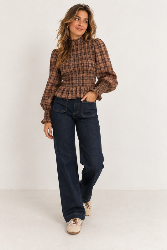 Bruine geruite blouse met peplum