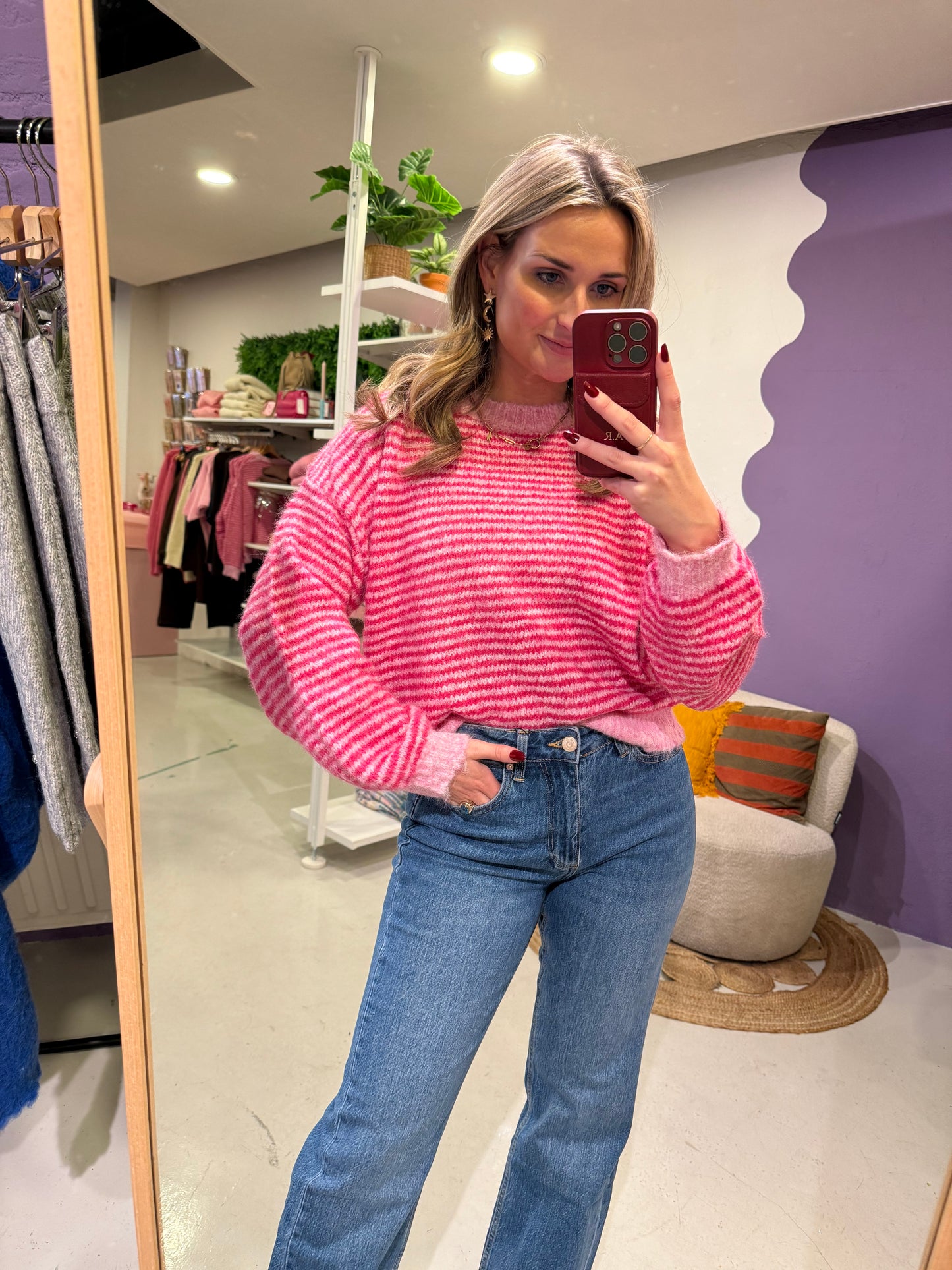 Roze gestreepte trui met pailletten palmboom