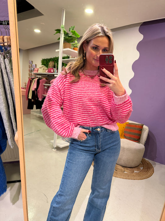 Roze gestreepte trui met pailletten palmboom