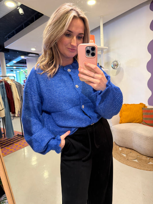 Gebreid cobalt vest met glitter knopen