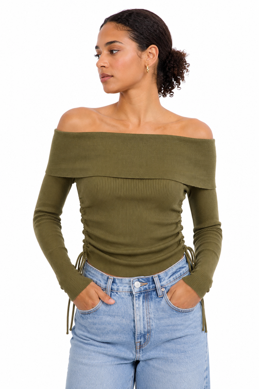 Off shoulder longsleeve khaki groen
