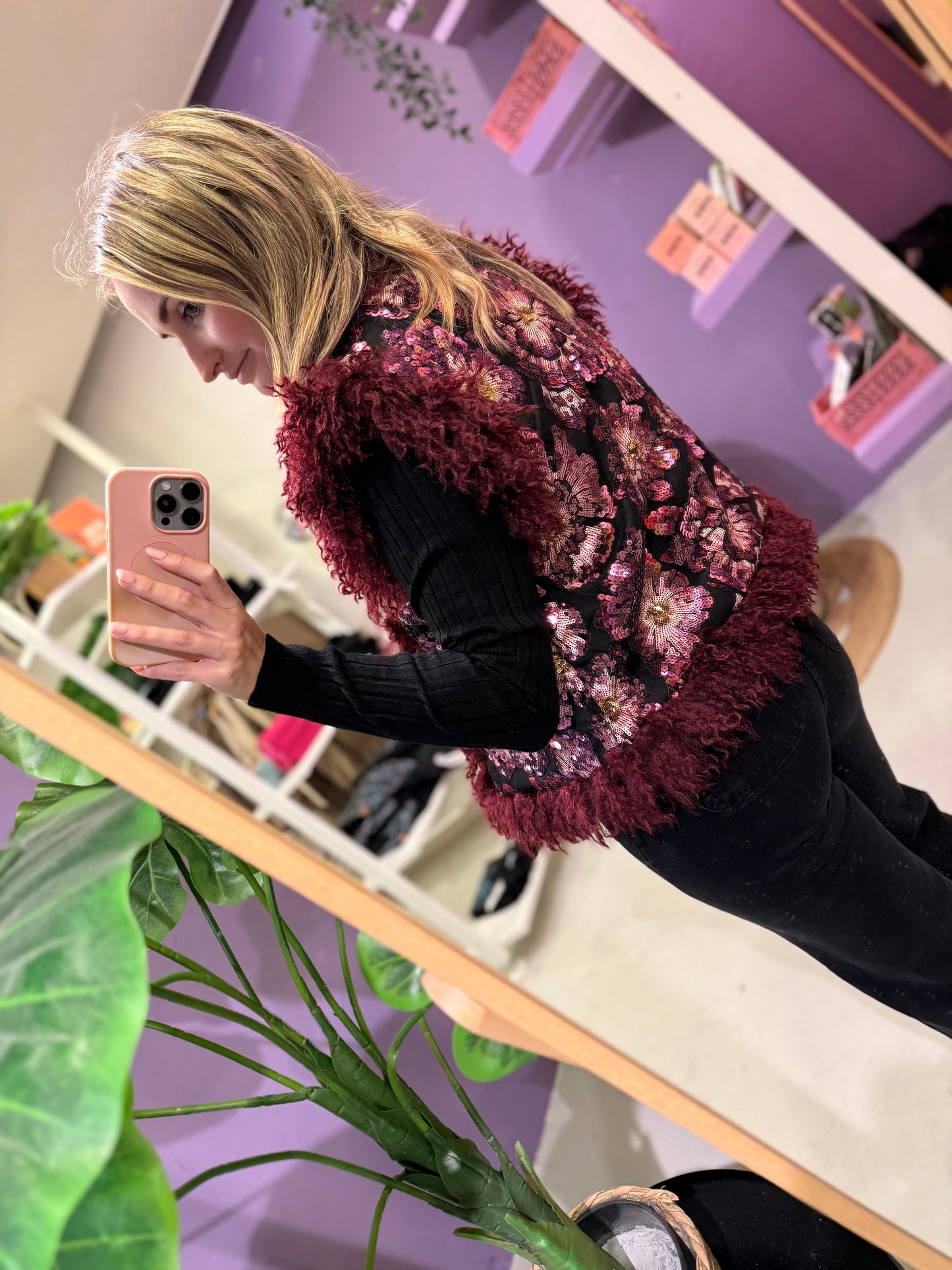 Glitter gilet fluffy bordeaux one size