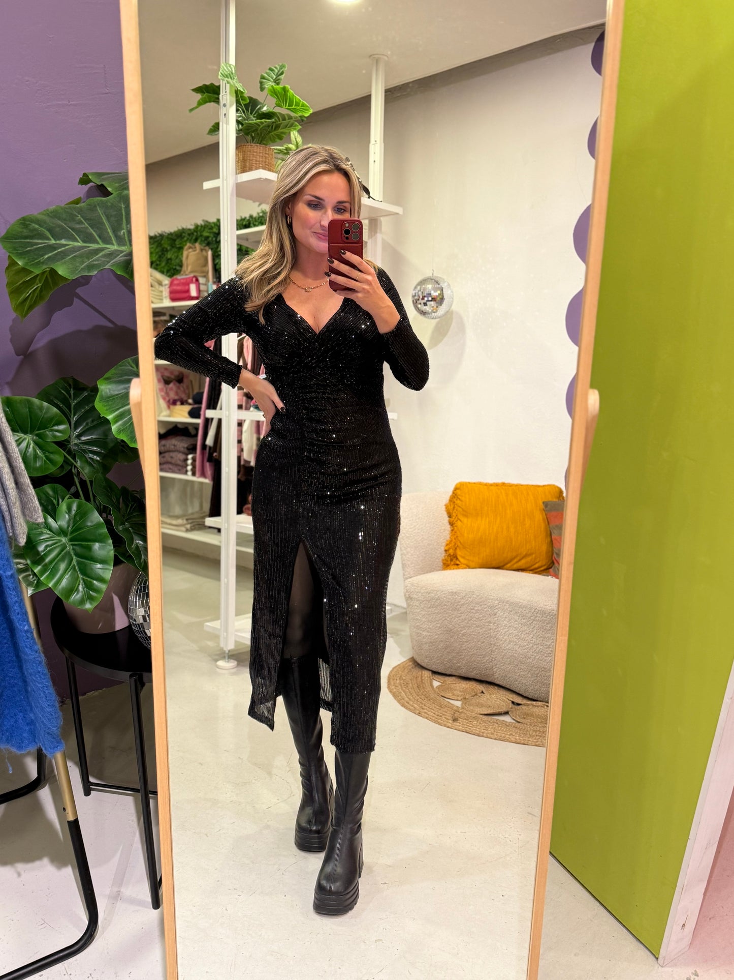 Lange zwarte pailletten jurk met split