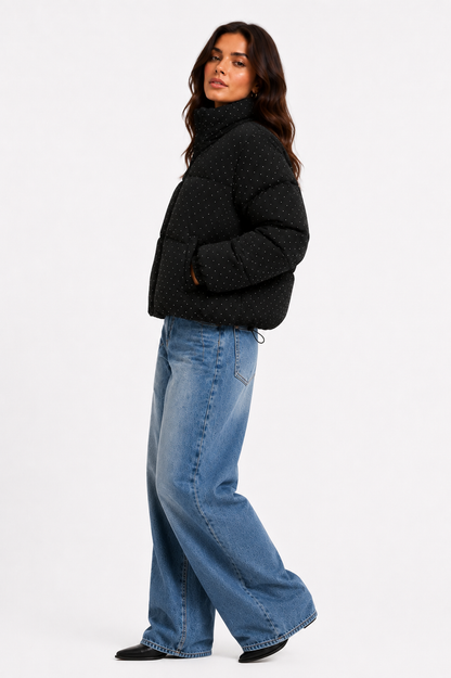 Puffercoat zwart strass glitter