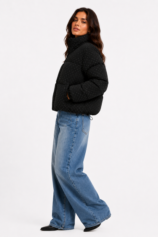 Puffercoat zwart strass glitter
