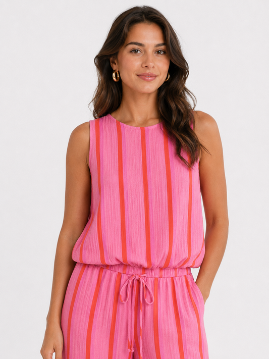Mousseline katoen top roze/rood gestreept