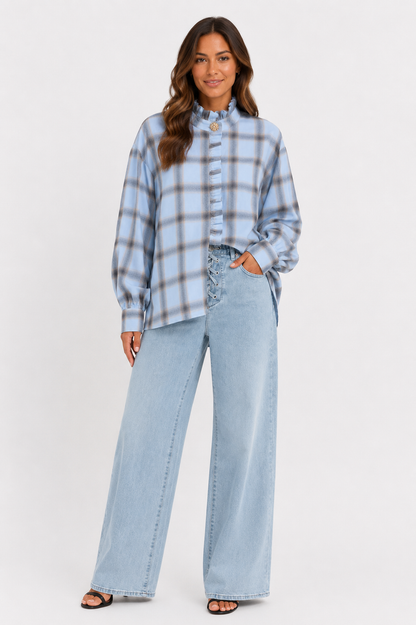 Geruite blouse blauw bruin
