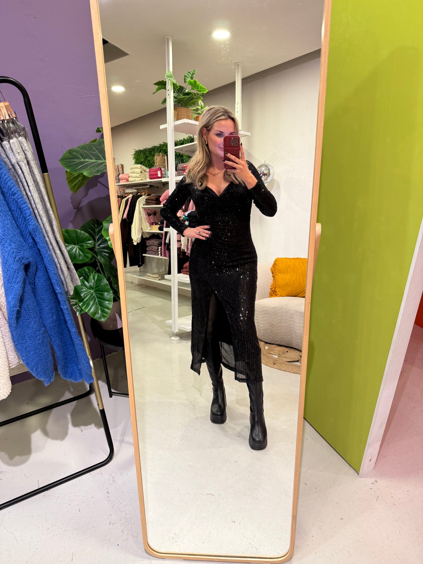 Lange zwarte pailletten jurk met split