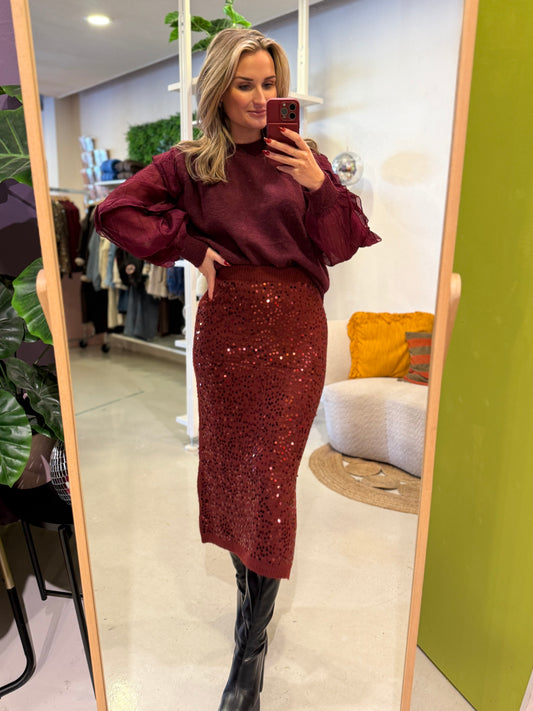 Gebreide rok met pailletten bordeaux rood