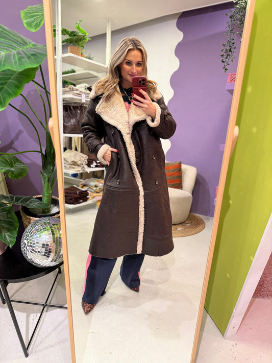 Lange lammy jas donker bruin