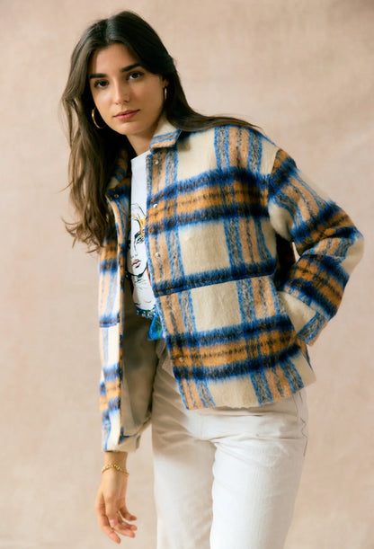 Geruite herfst jas blauw/beige