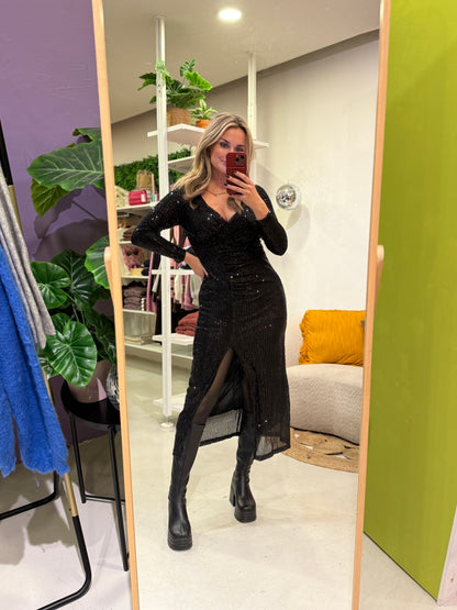 Lange zwarte pailletten jurk met split