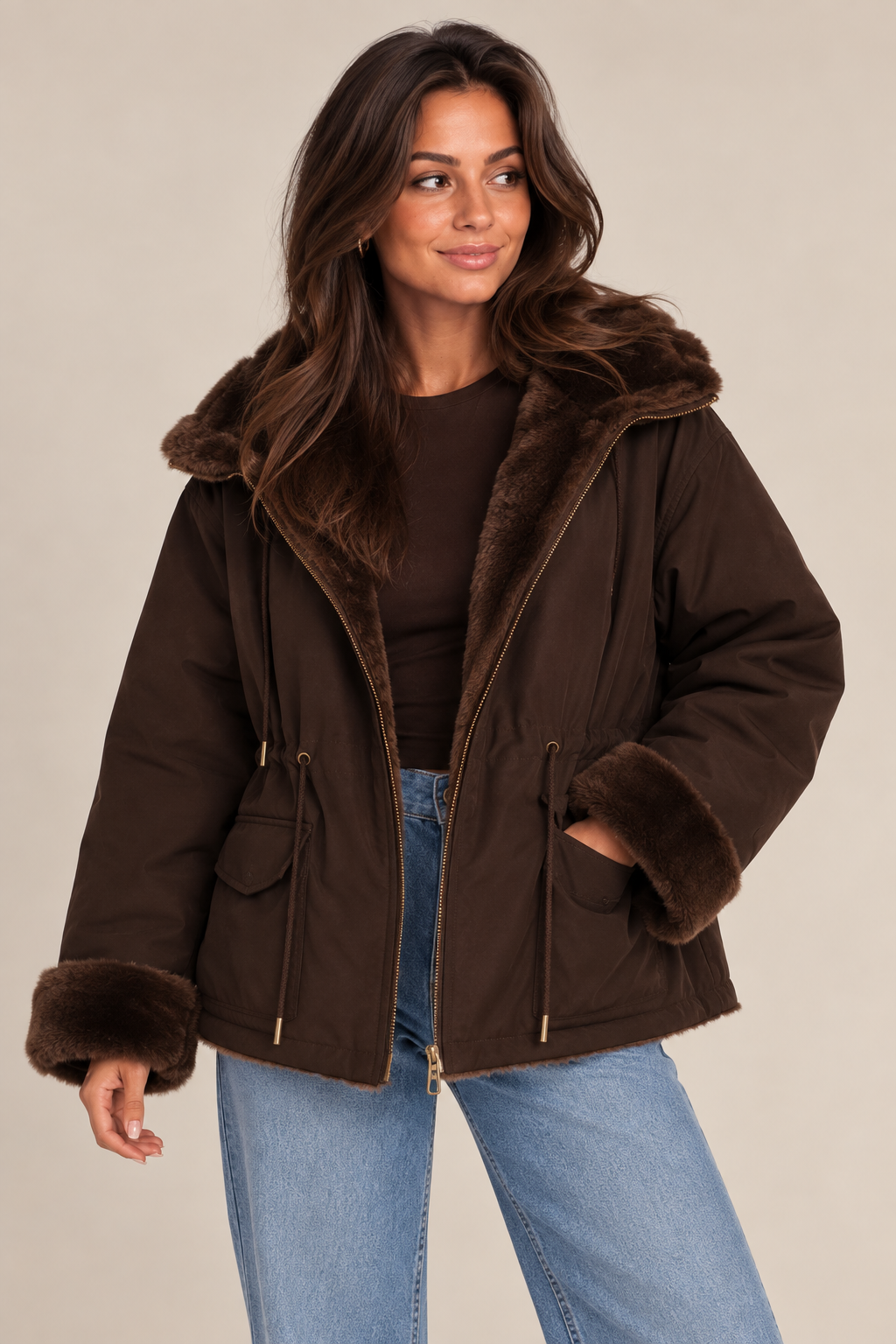 Reversibele jacket faux fur chocolade bruin