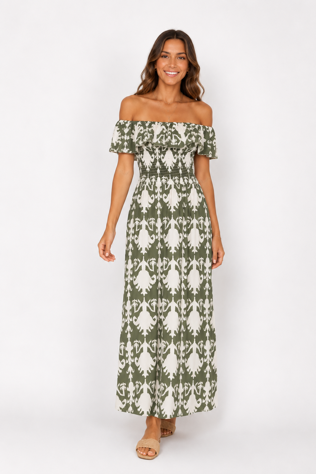 Maxi off shoulder dress green print