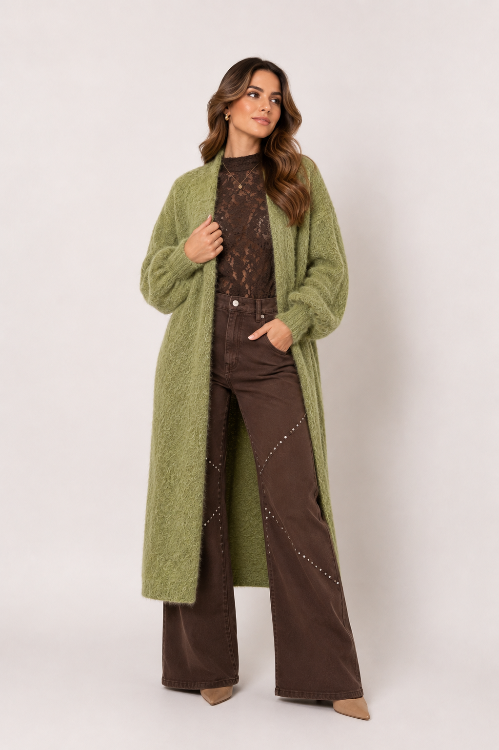 Lang fluffy vest appeltjes groen