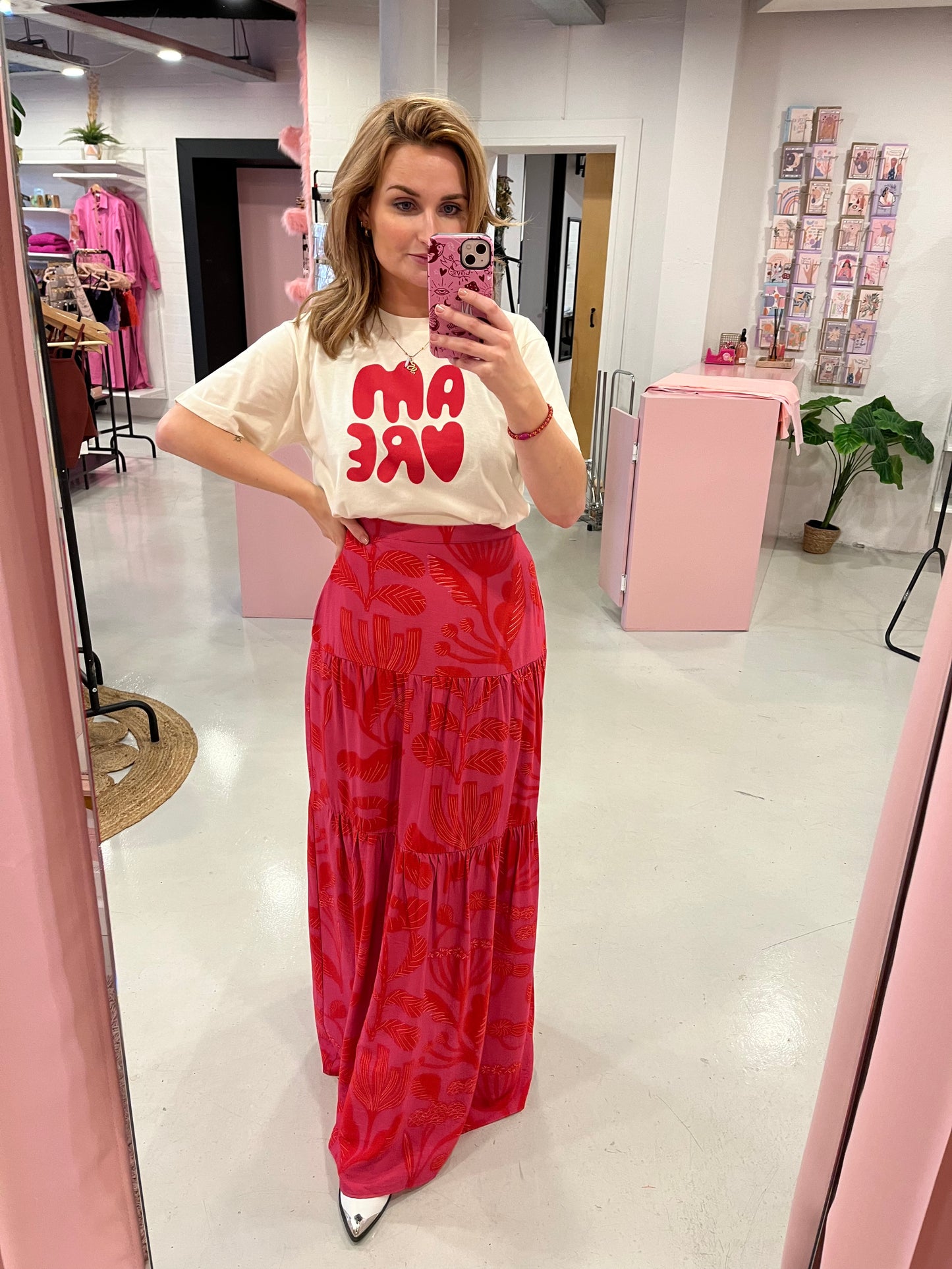 Lange rok met print rood/roze