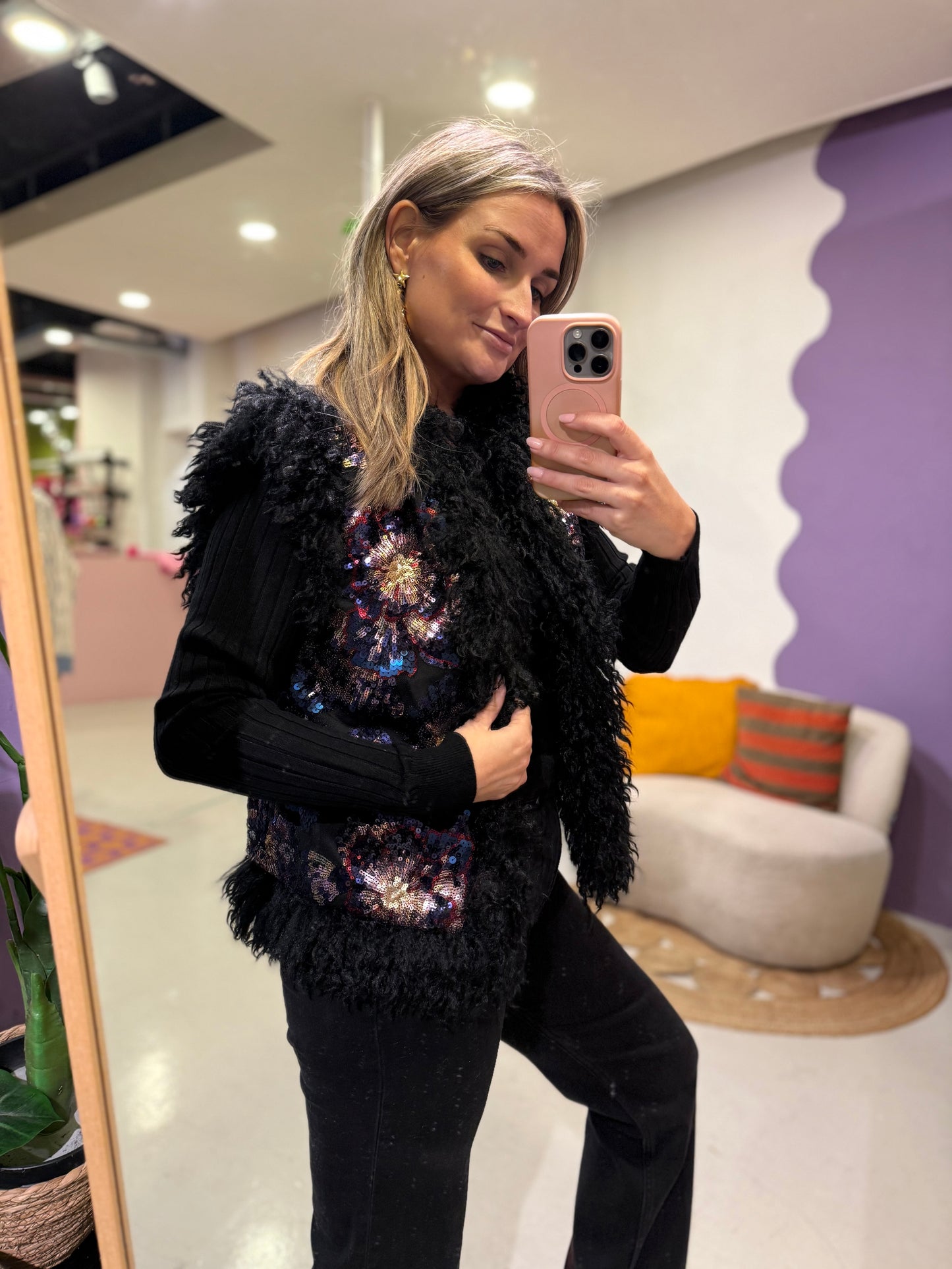 Glitter gilet fluffy zwart/blauw one size