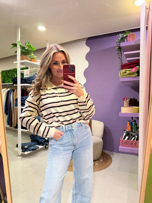 Gestreepte polo creme , bruin , roze